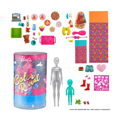 Mattel Barbie Colour Reveal Slumber Party Dolls & 50 Accessories Pack